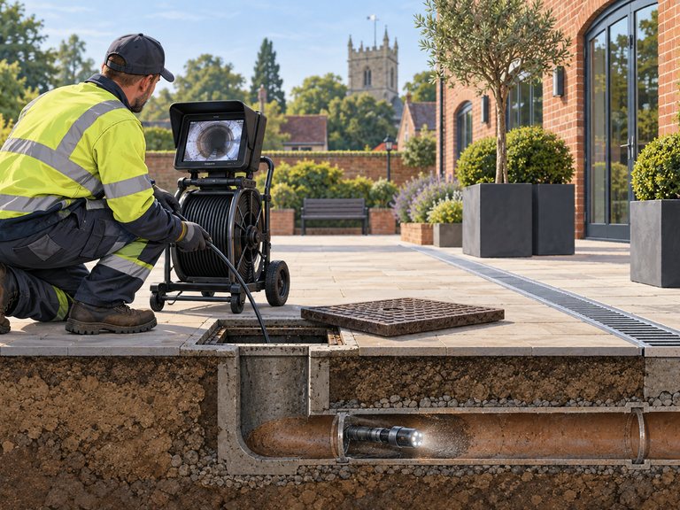 Illustrated CCTV drain survey at a paved commercial property in Farnham