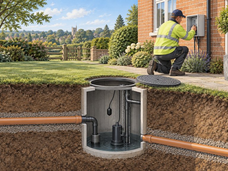 Illustrated private drainage chamber and pump-system check at a Farnham home